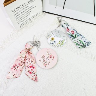 韩系碎花丝巾挂饰圆形凸面镜钥匙扣少女便携随身包包挂件礼品