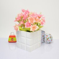 铁宝盒 高仿真花正方盆卷边玫瑰套装 花瓶花器假花装饰花绢花 客厅装饰花艺 FZH-035