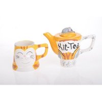 黄色黄色拼白色彩绘陶瓷动物头像2件套（1壶1杯）茶壶茶具套装ky001
