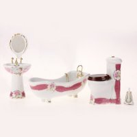 袖之珍 家居小巧精致创意模型 粉色边花纹图案迷你卫浴陶瓷套装造型摆件ab0706