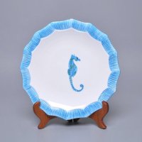 希普汤普斯系列蓝色海马图案陶瓷餐盘 北欧风格骨瓷盘 条纹边蛋糕西点盘（不含木架）XP-007-CHL
