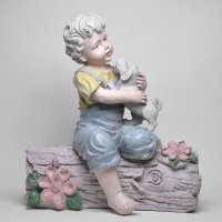 欧式男孩与狗坐树桩树脂摆件家居饰品客厅装饰树脂摆件（定制商品，7天内发货）4394G