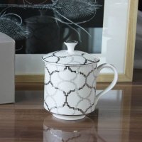 陶瓷工艺品 新骨瓷 欧式茶饮 茶杯 婉约有盖杯--描银边3417B